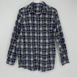 J McLaughlin Shirt Womens Medium Blue Geometric Floral Button Front Cotton Top